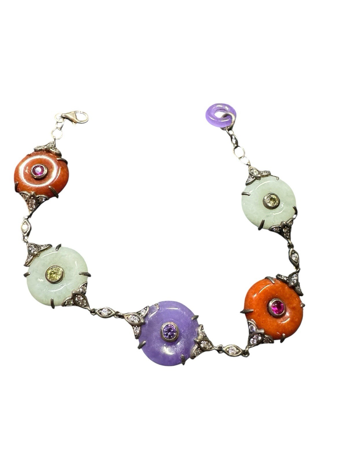 Vintage Art Deco Czech Glass Bracelet Multi Color Silver 925 Purple Red White
