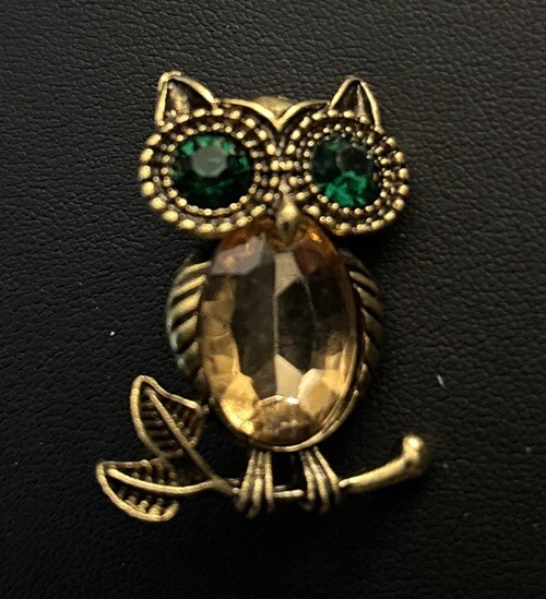 Antique Gold Tone Owl Brooch Rhinestone Green Eyes Yellow Belly Boxed As Gift