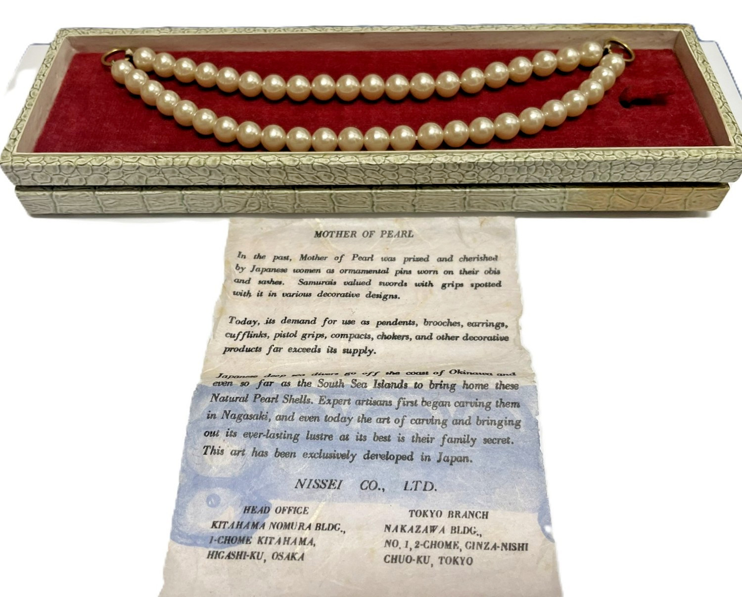 Vintage Double‑Strand Faux Pearl Sweater Guard – Japan Nissei Co. – Original Box