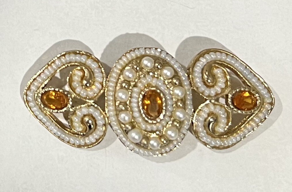 Amber Colored Brooch Crystal Gold Toned Faux Pearl Quality Vintage MCM