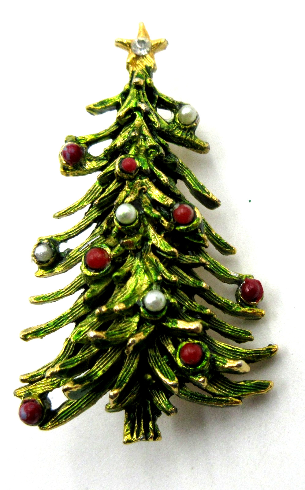 VTG 1.7 WHITE FAUX PEARL green red ball gold tone star CHRISTMAS TREE Brooch Pin