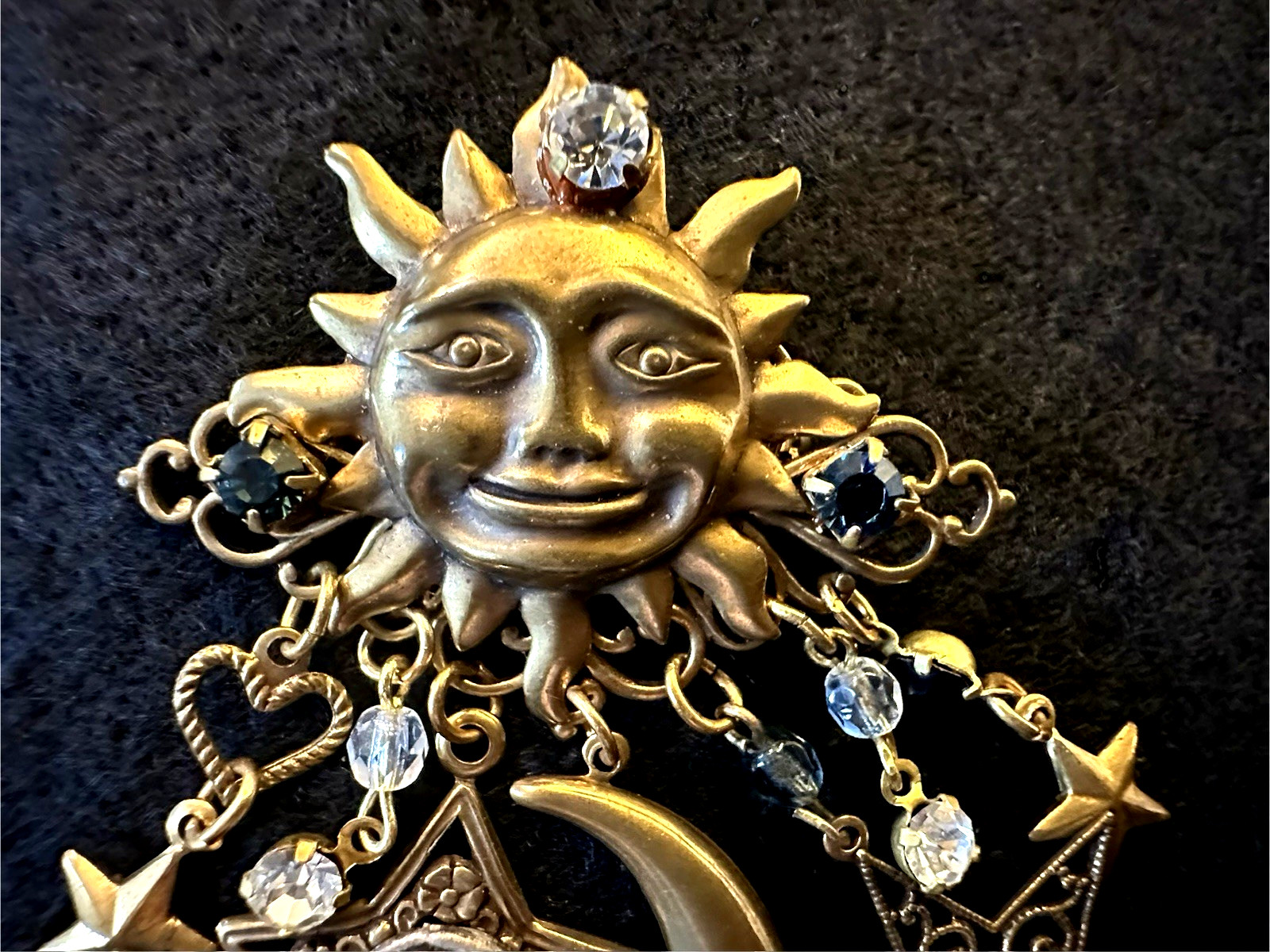 Celestial Sun Moon & Stars Brooch With Crystals – Antique Brass-tone