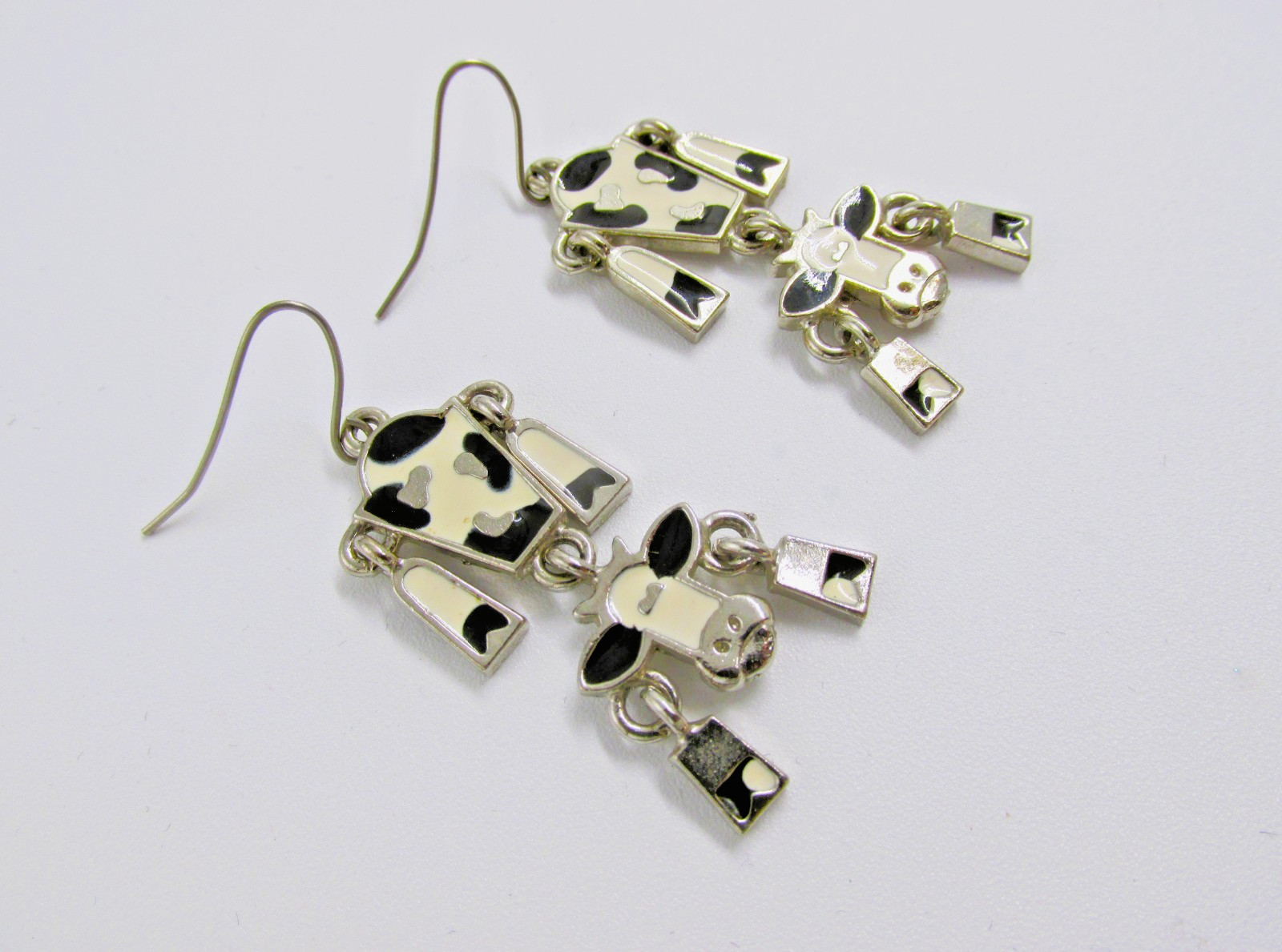 Edgar Berebi Enamel Cow Dangle Earrings Signed EB Silver Tone Articulated