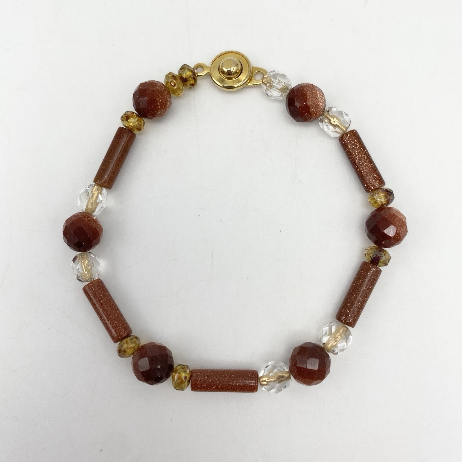 Vintage Bracelet Faceted Goldstone And Glass Beads Snap Closure Boho
