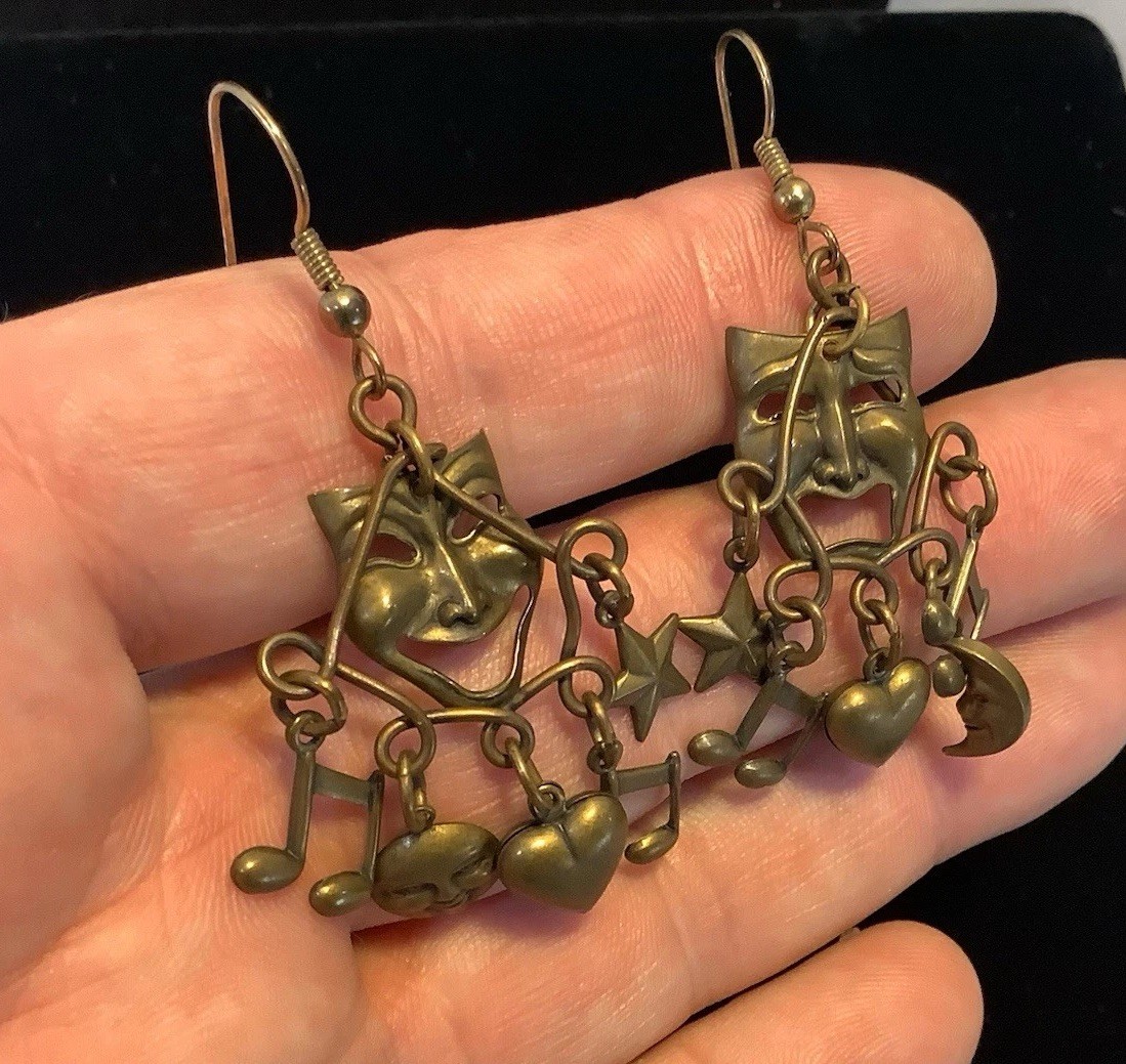 Lrg Vintage Dangle Earrings Theatre Drama Comedy & Tragedy Mask Unknown Designer