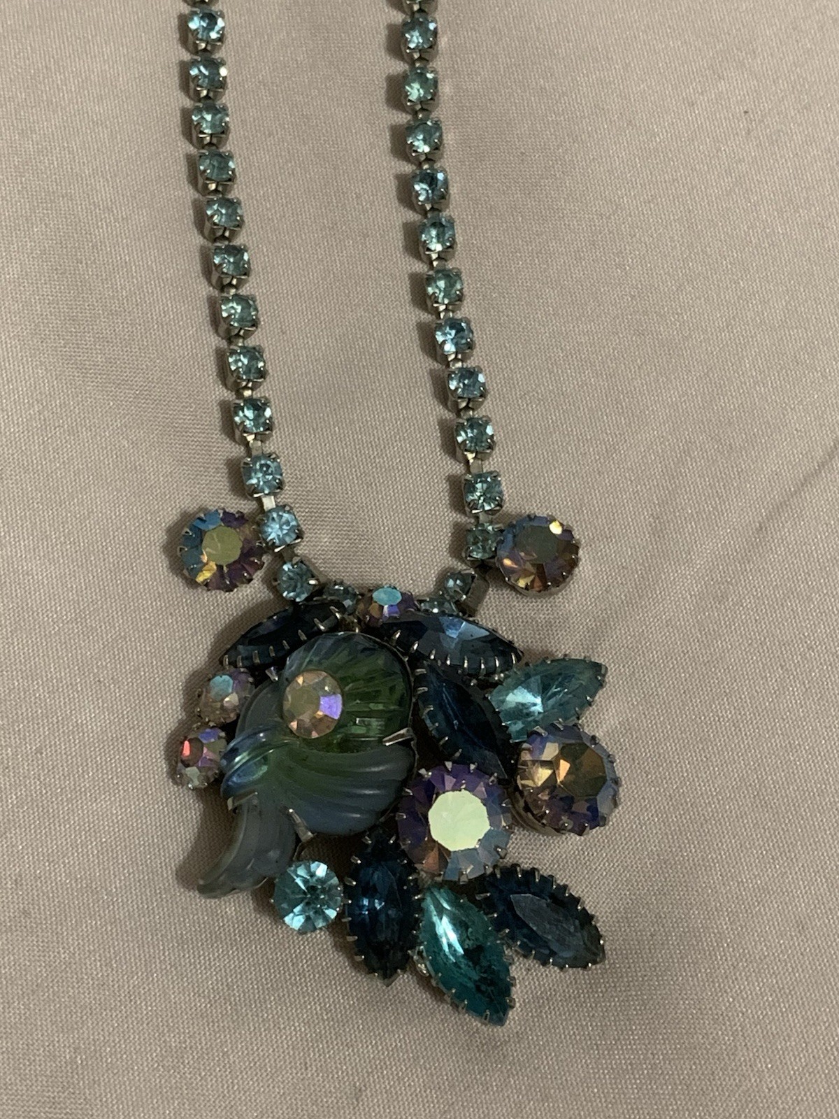 Signed Edlee Rhinestone Necklace: Frosted Art Glass, Aurora Borealis