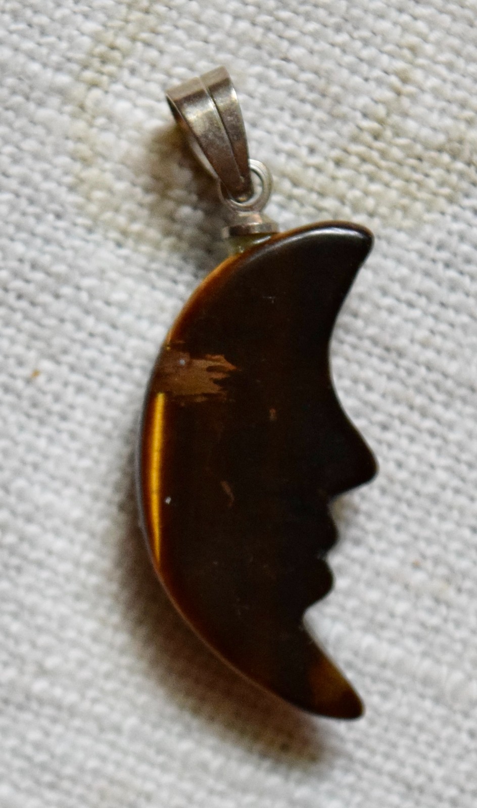 Vintage Brown Stone Carved Crescent Man in the Moon Pendant #9300