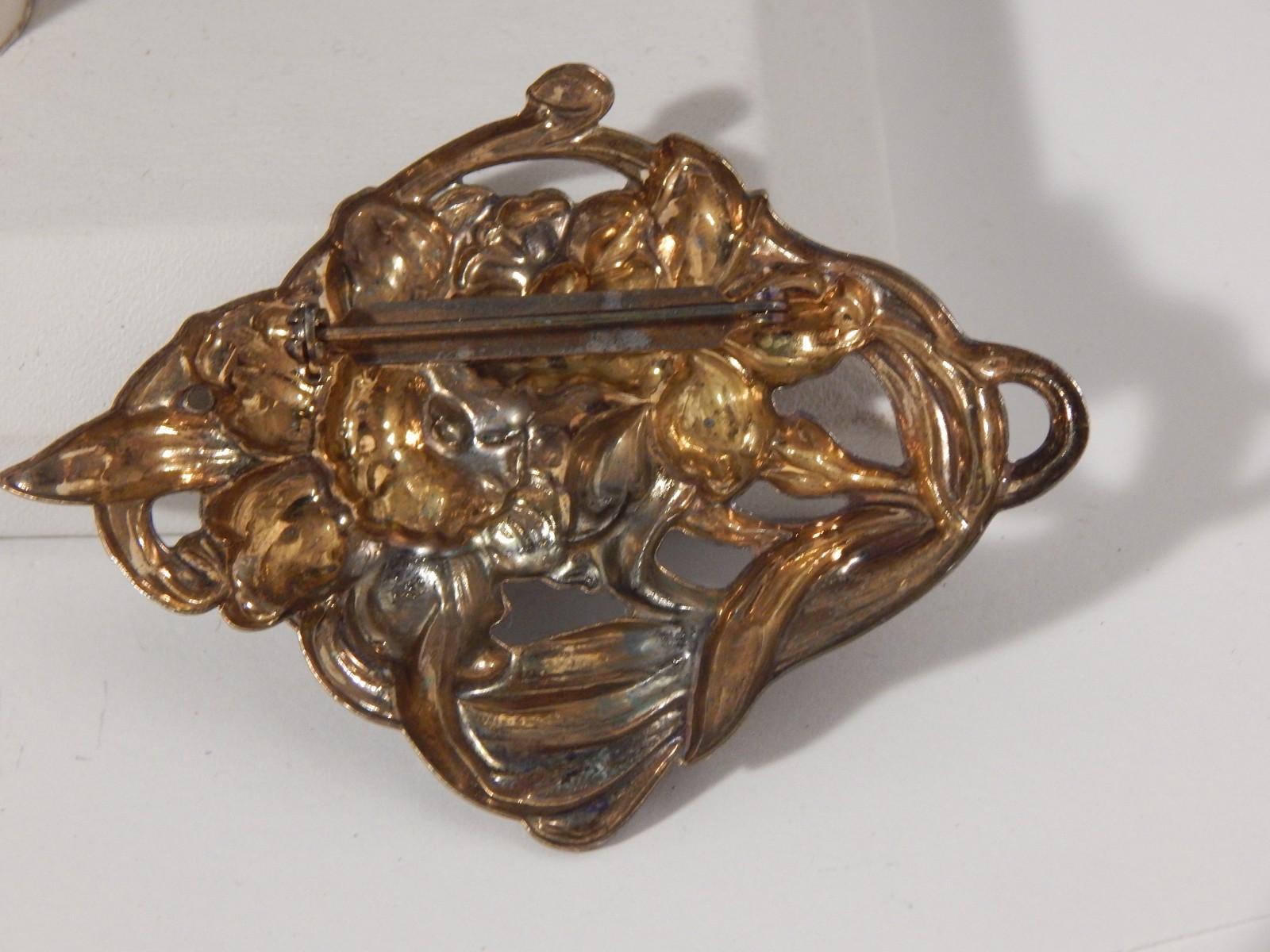 Vintage Bronze Color Orchid Flower Alfred Mucha Stile? Sash Brooch Pin 2.75″ L