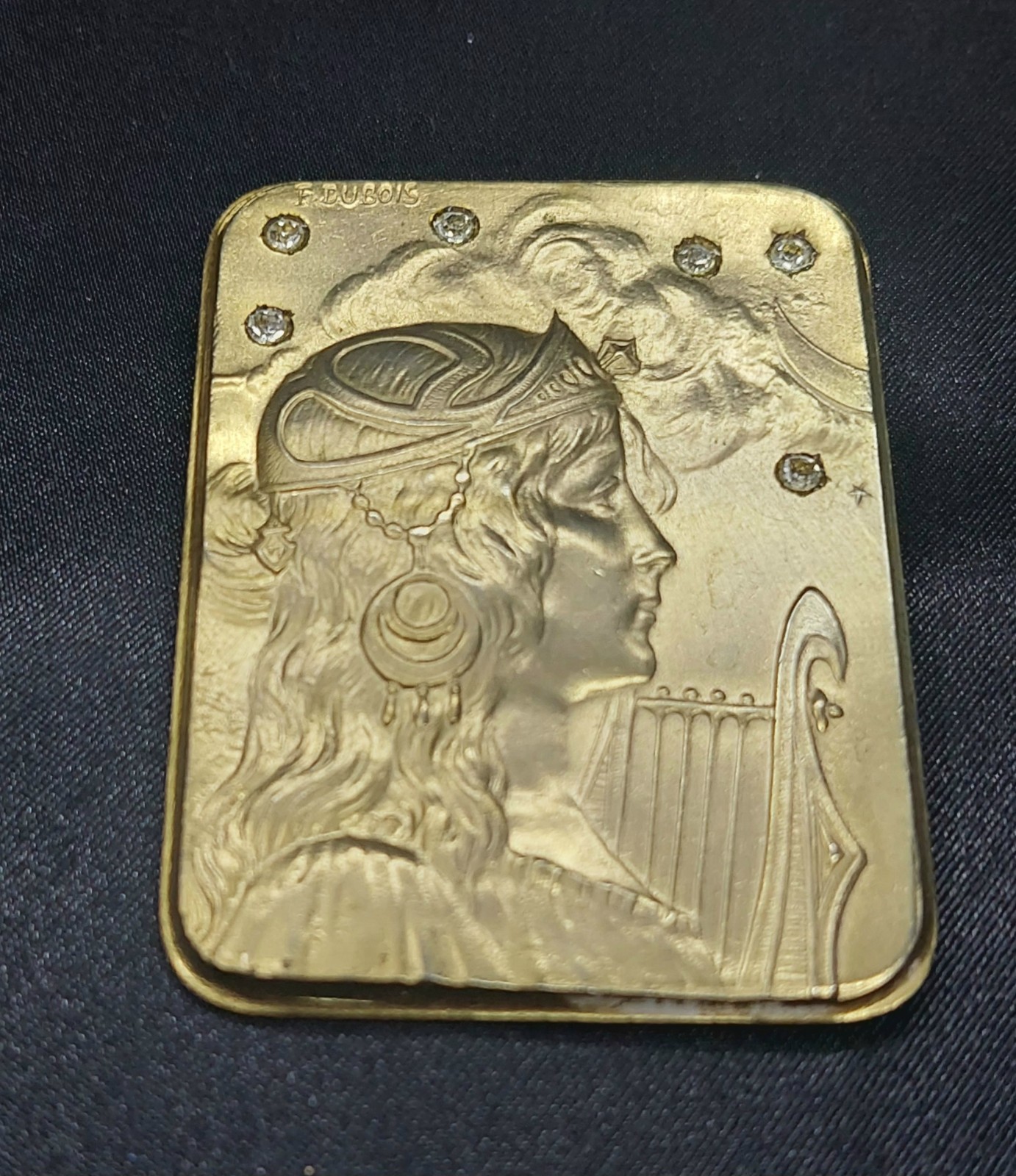 Vintage Gold Plated Art Nuveau F. Dubois Reproduction Pin Brooch Rhinestones