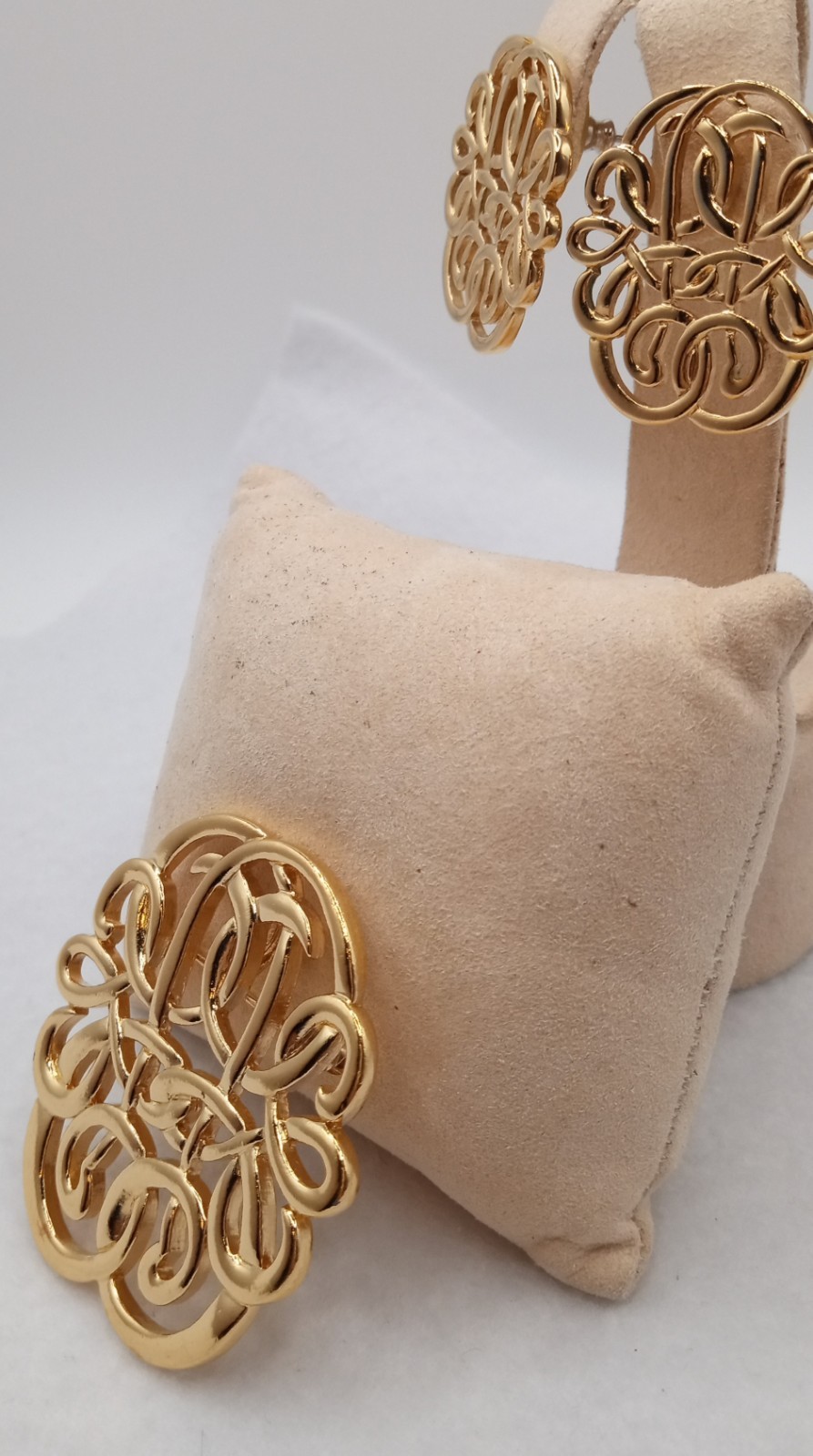 Gold Tone Monogram Jewelry Set, Brooch / Pendant With Pierced Earrings
