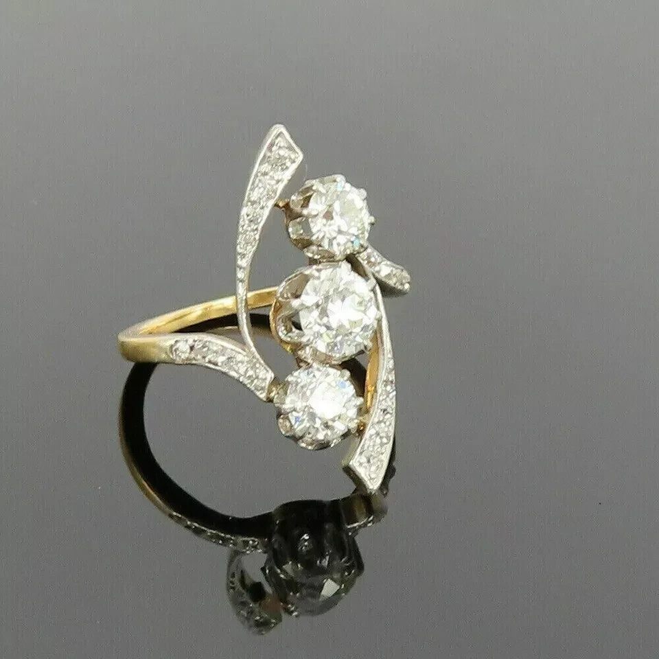 2CT Round Cut Moissanite Trilogy Vintage Engagement Rings 14K Yellow Gold Plated