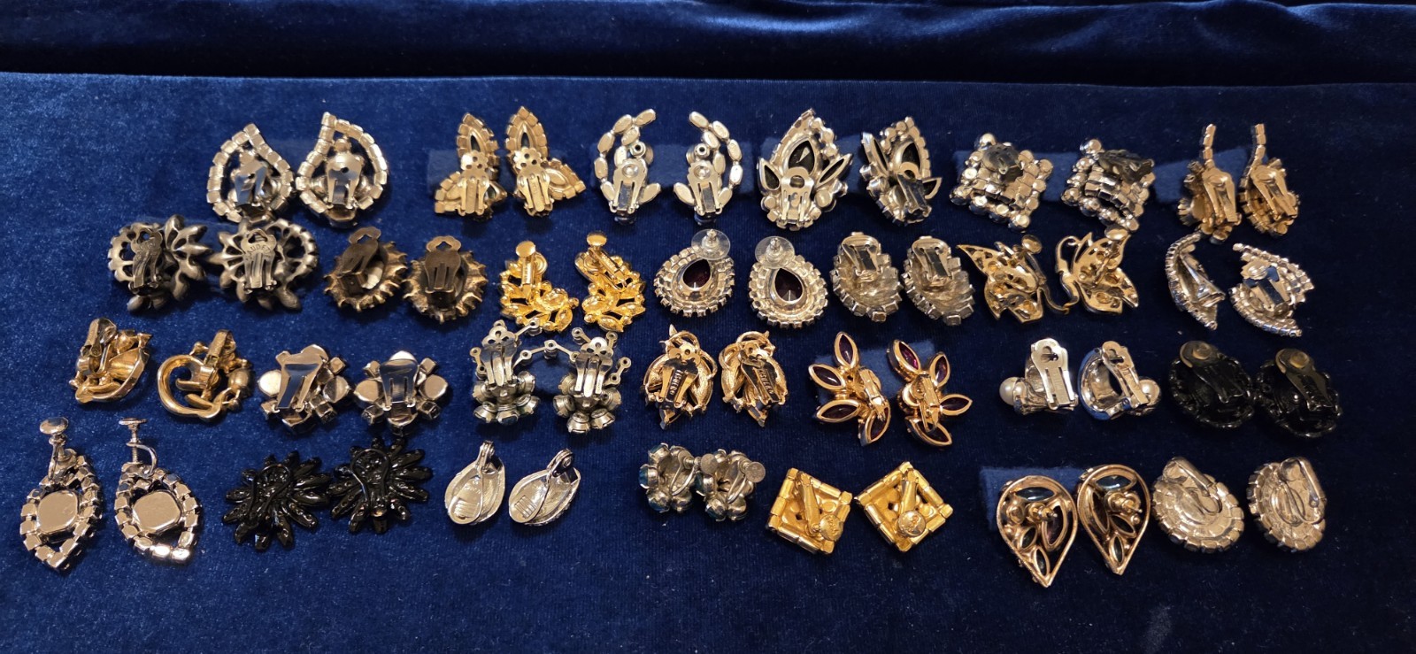 Vintage Rhinestone Earrings Lot Of 27. 12 Signed Monet Weiss Hobe Trifari Kramer