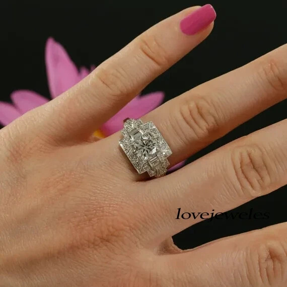 Round Cut 2.51CT Real Moissanite Women Vintage Art Deco Ring 14K White Gold Over