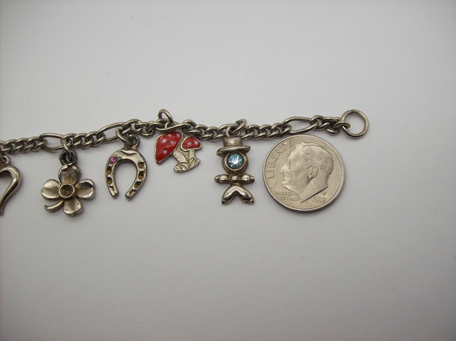 Vintage Silvertone Mix GOOD LUCK Charm Bracelet, Enamel, some made in Germany