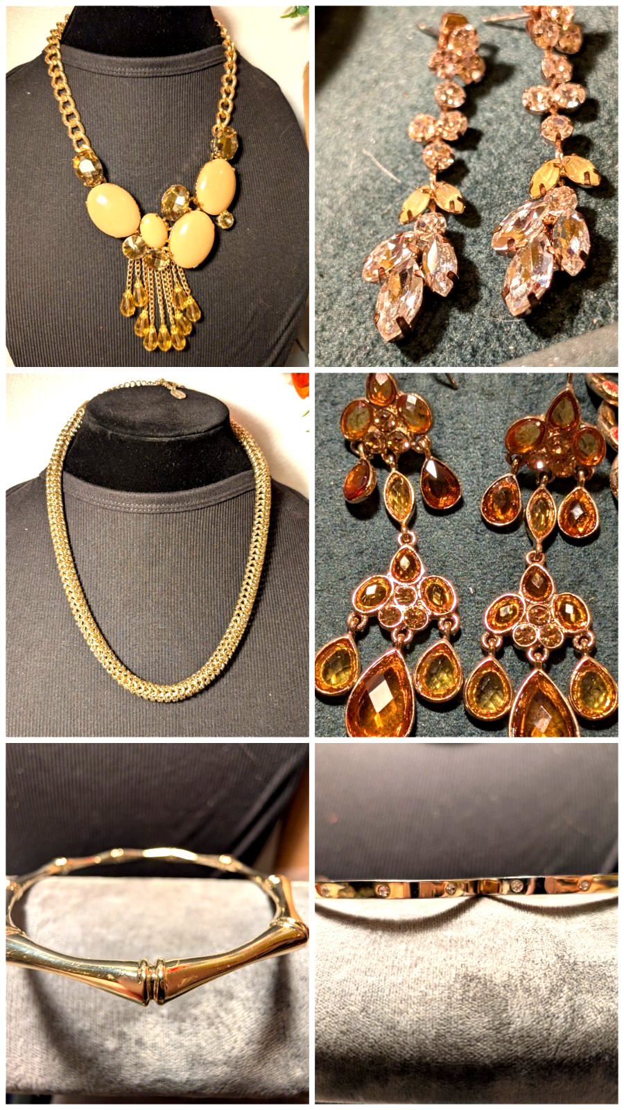 Gold Tone Lot Acrylic Cabochons & Crystal Teardrop Tassels Statement Necklace