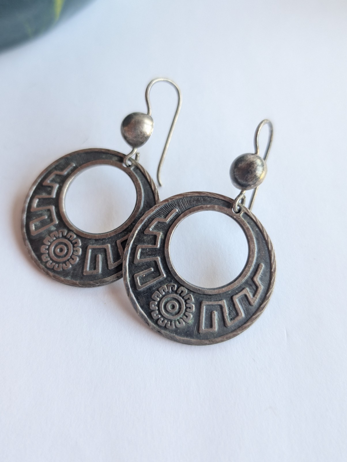 Vintage Taxco Mexico Sterling Silver 925 Geometric Flower Inset Drop Earrings