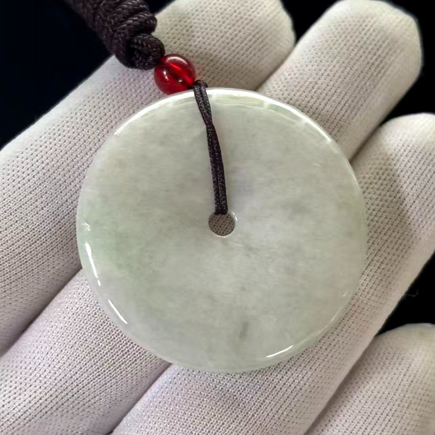 Natural Light green Jade Jadeite Round Pendant, 40x40x5mm, adjustable Cord 23 in
