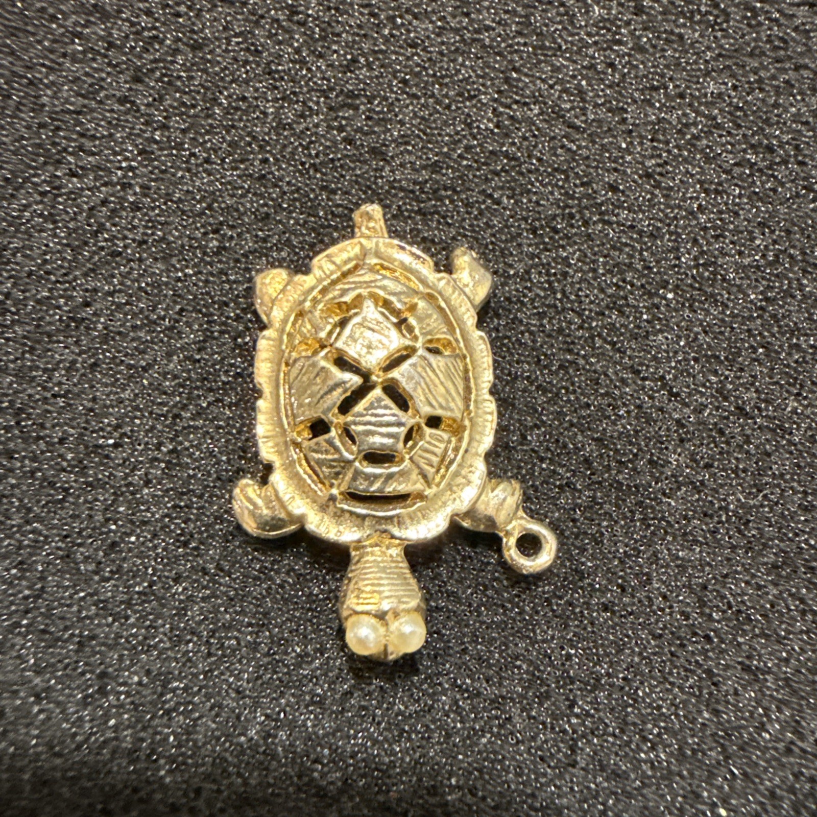 Vintage Detailed Gold Tone Turtle Pendant Pearl Eyes Lucky Tortoise Charm