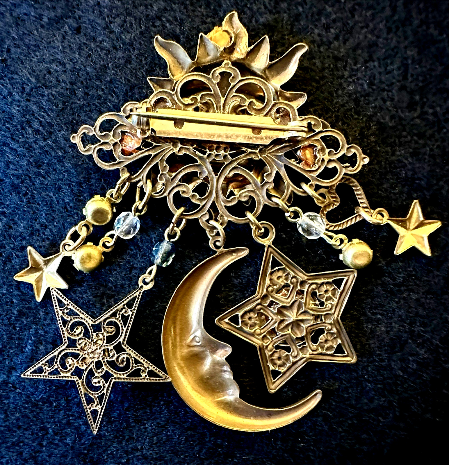 Celestial Sun Moon & Stars Brooch With Crystals – Antique Brass-tone