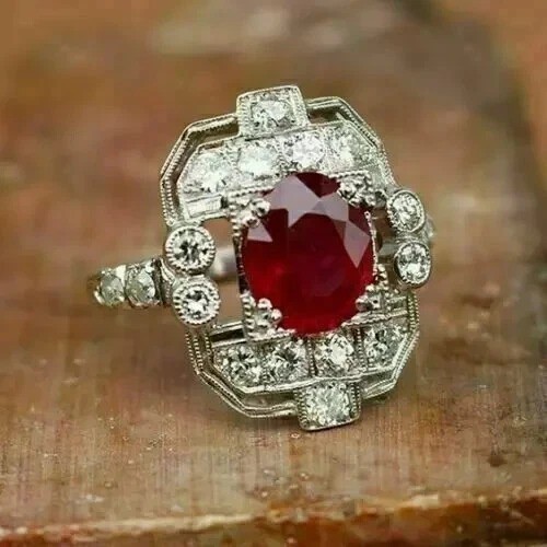 Art Deco 2.75Ct Oval Garnet Lab Created Diaond 14L White Gold FN Engagement Ring