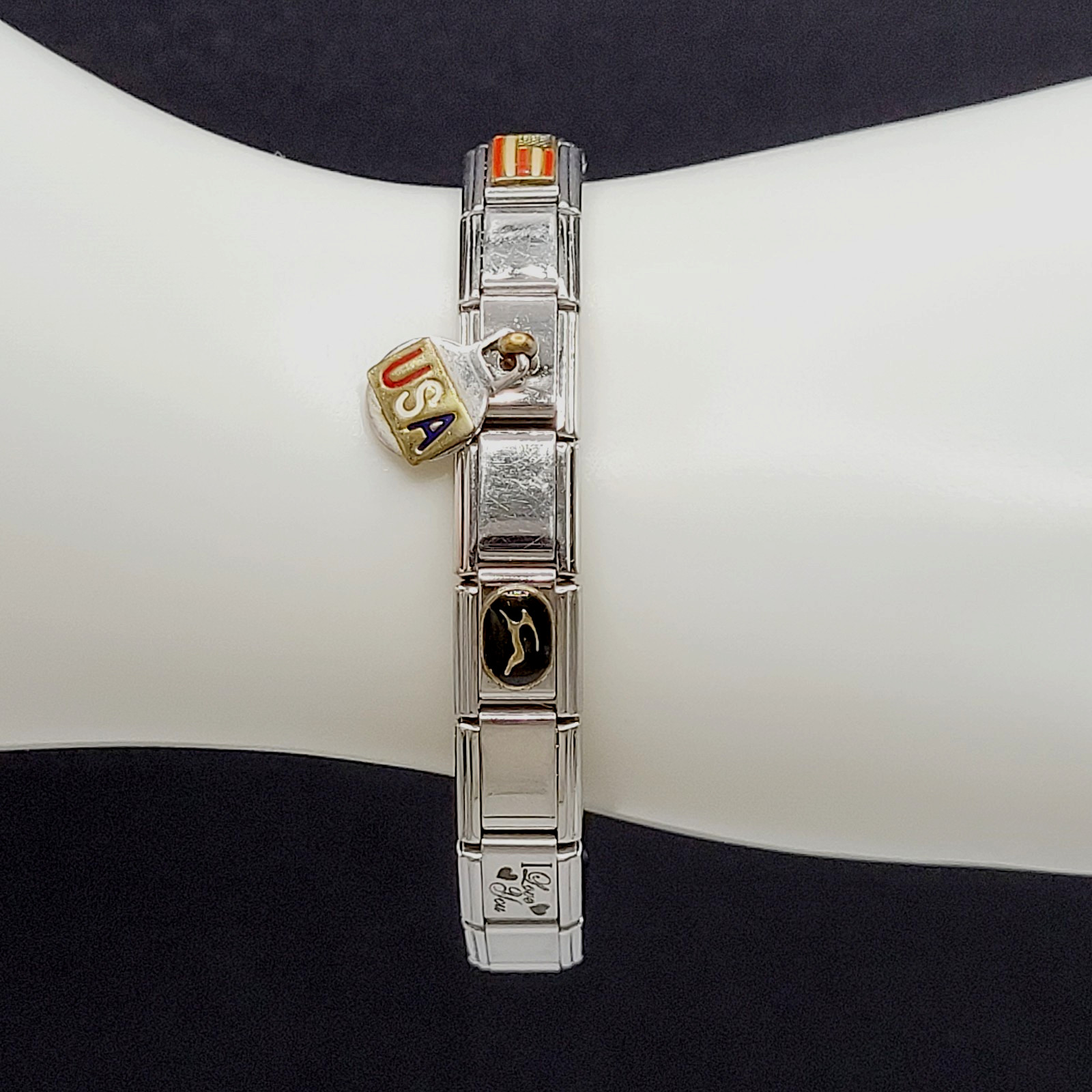 Vintage Italian Style Modular Stainless Steel Charm Bracelet w Mom USA Flag Dog