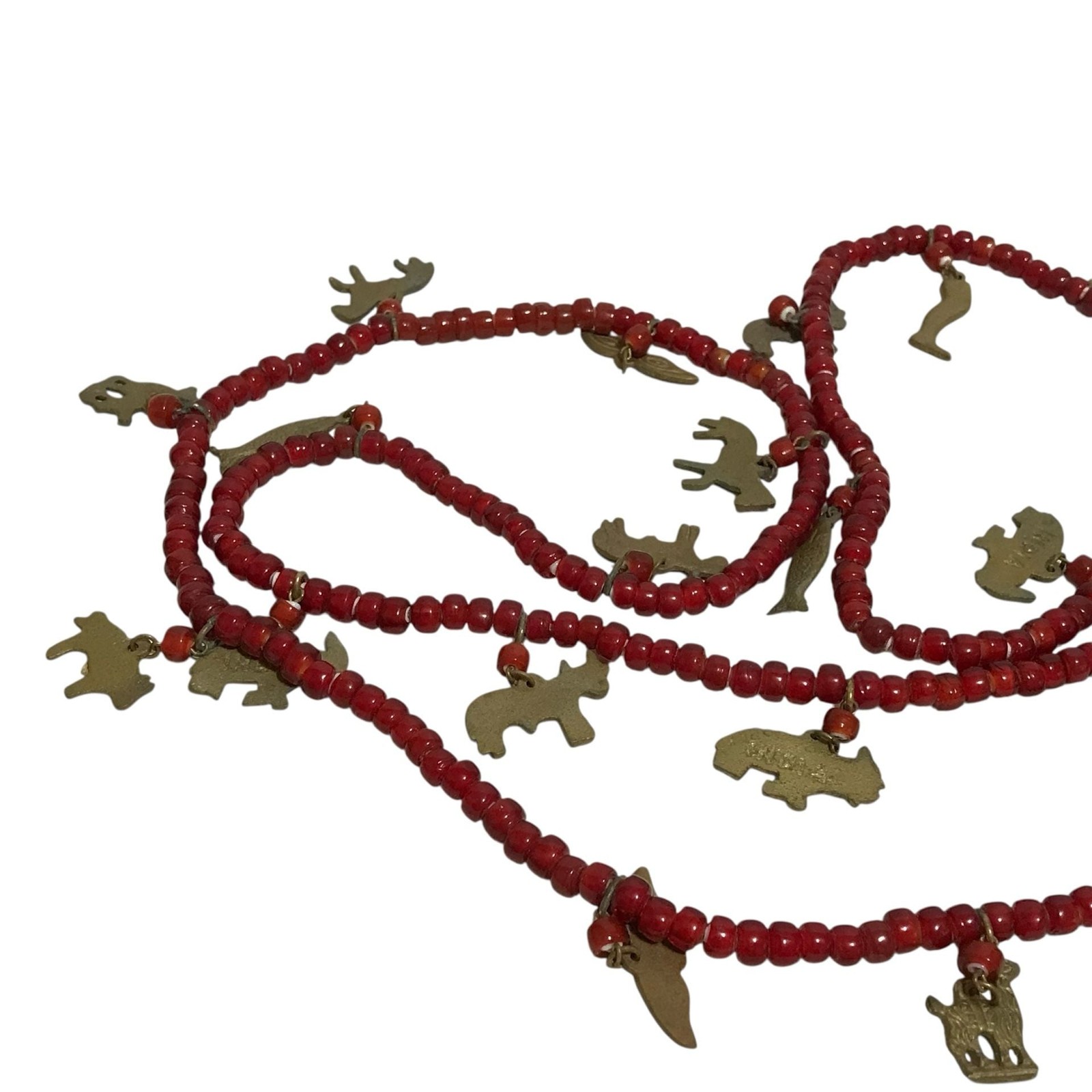 Vintage Chachal Red Glass Bead Necklace Brass Animal Charms 56” Strand India