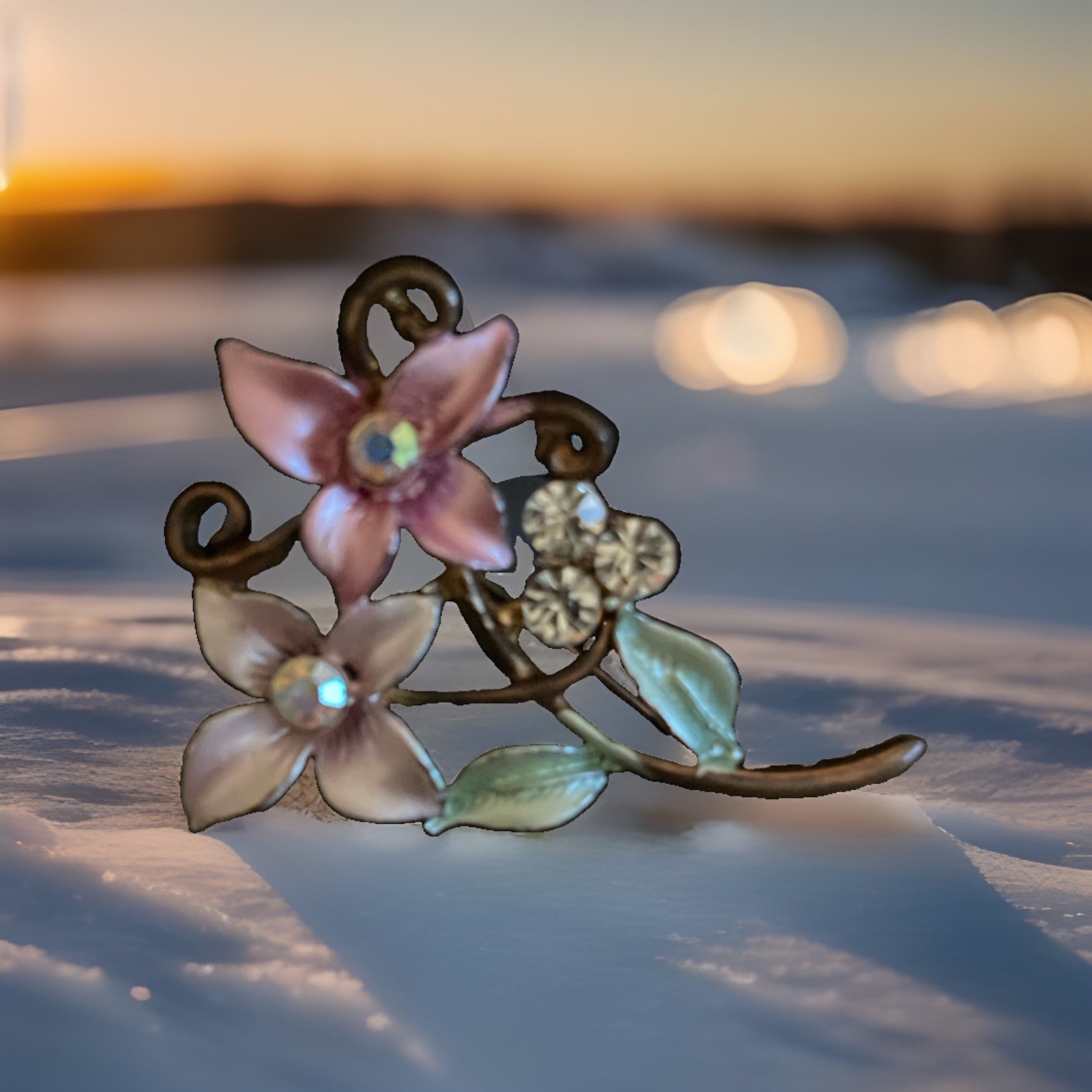 Vintage Pink Enamel Flower Brooch Rhinestone Evening Cocktail Dress Pin Unsigned