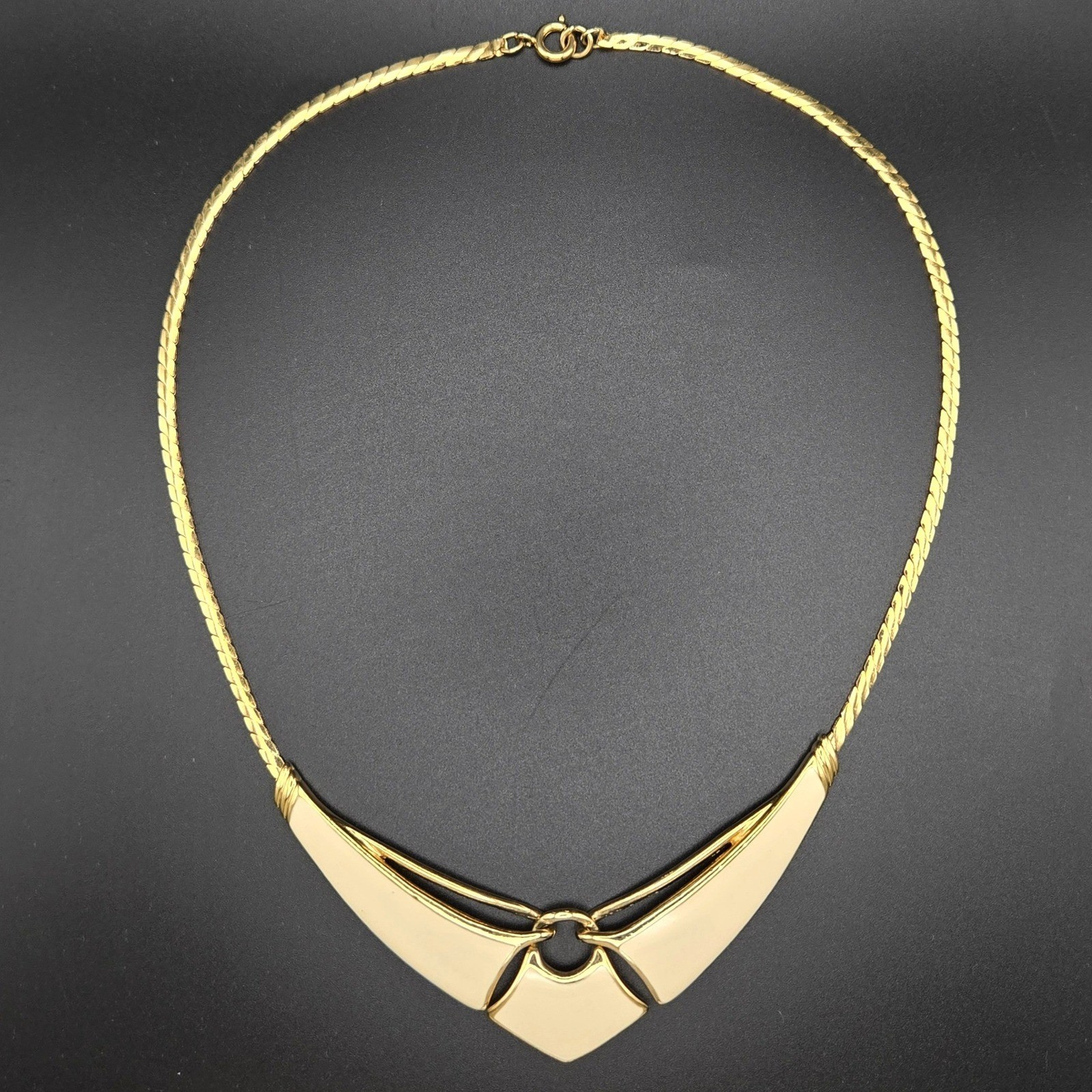 Trifari Vintage Gold Tone Cream Enamel Geometric Necklace Herringbone 18 Inch