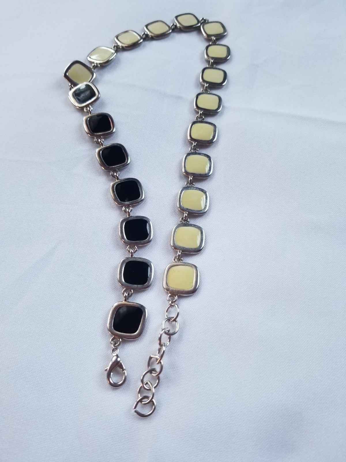 Vintage 1970s Black and Cream Enamel Geometric Necklace Reversible Silvertone