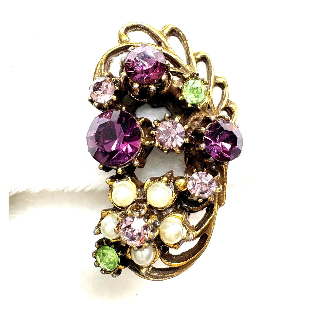 Signed Florenza Amethyst Peridot & Pearl Floral Clip-On Earrings, 1960s Vintage