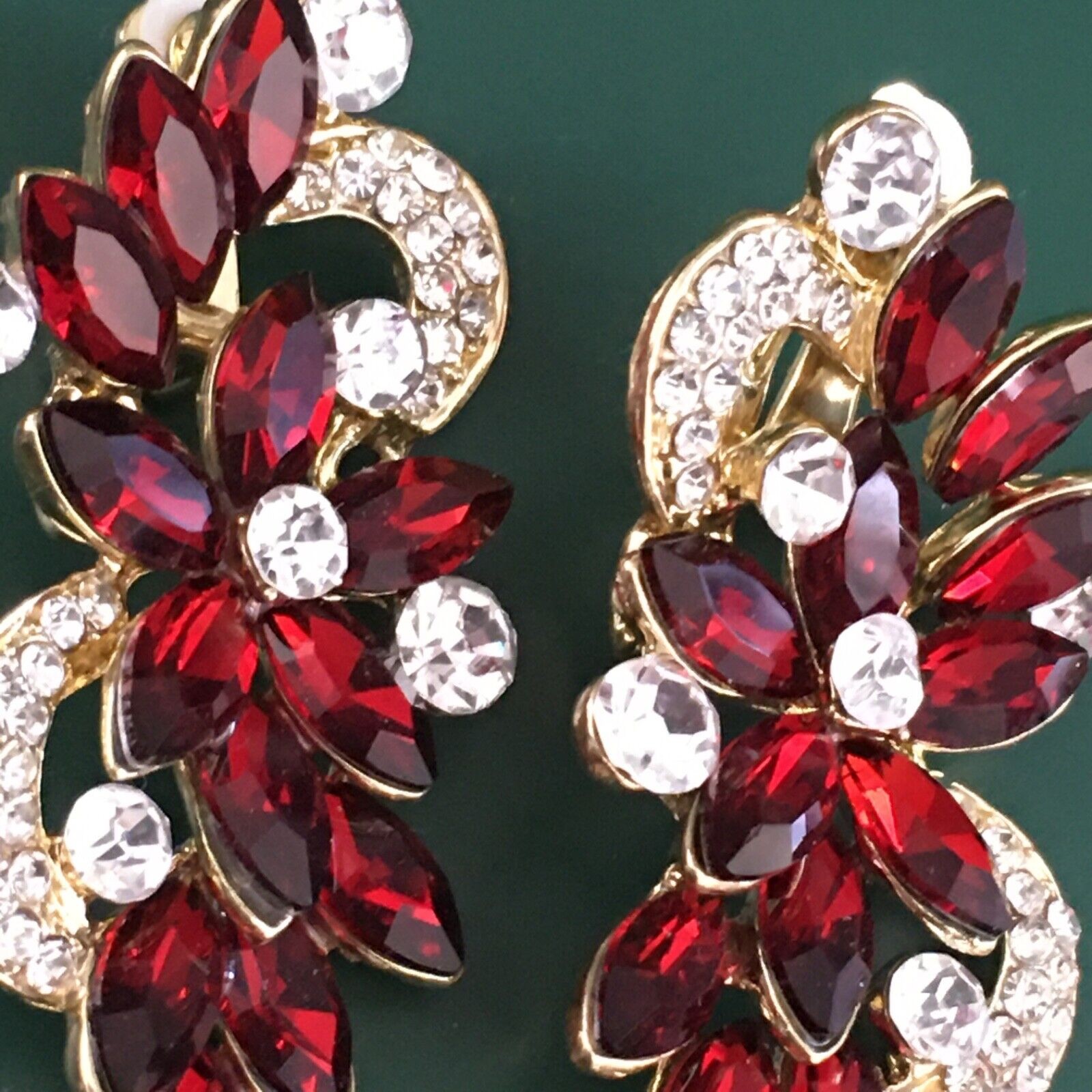 Red Rhinestone Statement Clip-On Earrings