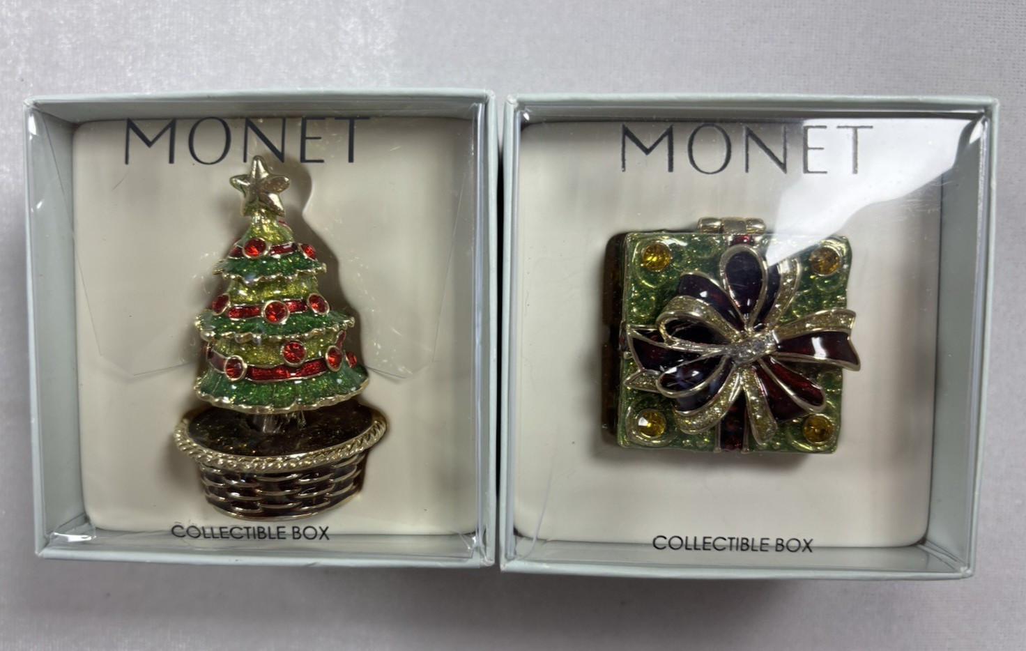 Monet Christmas Brooch Pin Lot 2 Gift Present & Christmas Tree NIB w/ Macy’s Rec