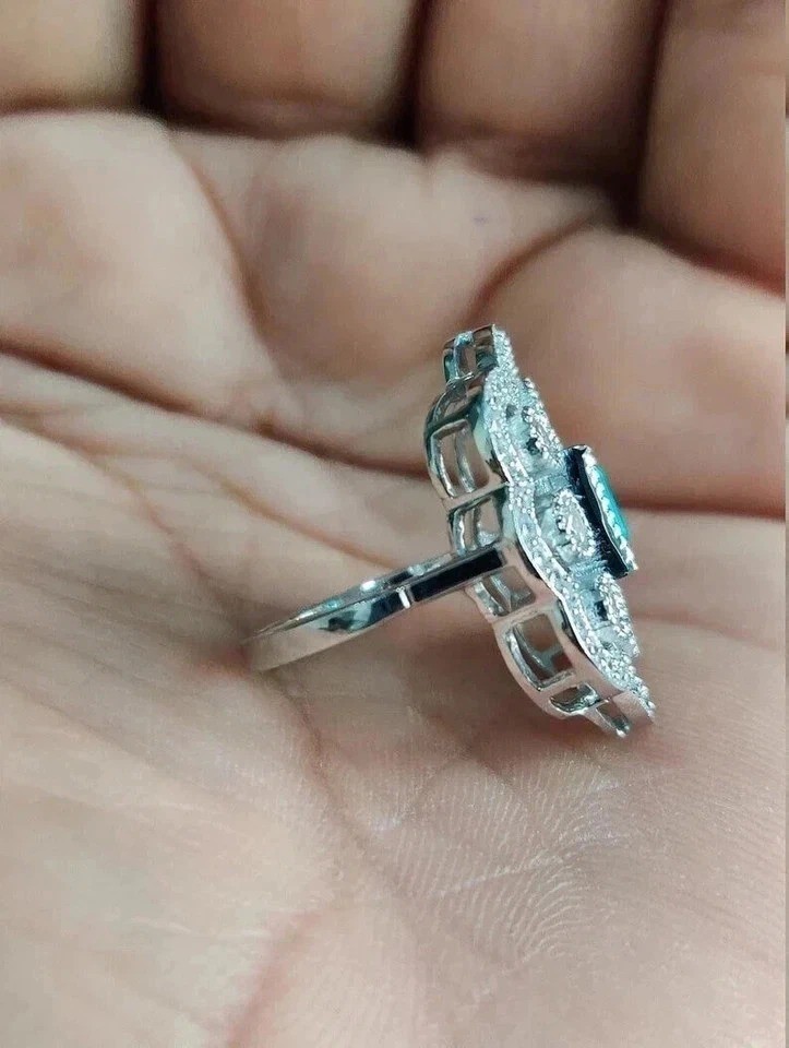 1.5CtArt Deco Style Lab Created Diamond & Emerald Wedding 14K White Gold FN Ring