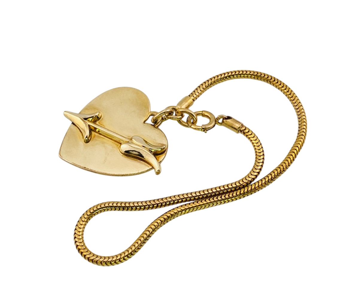 Vintage Forstner 12k Gold Filled Heart Arrow Charm Bracelet 6.75 In Snake Chain