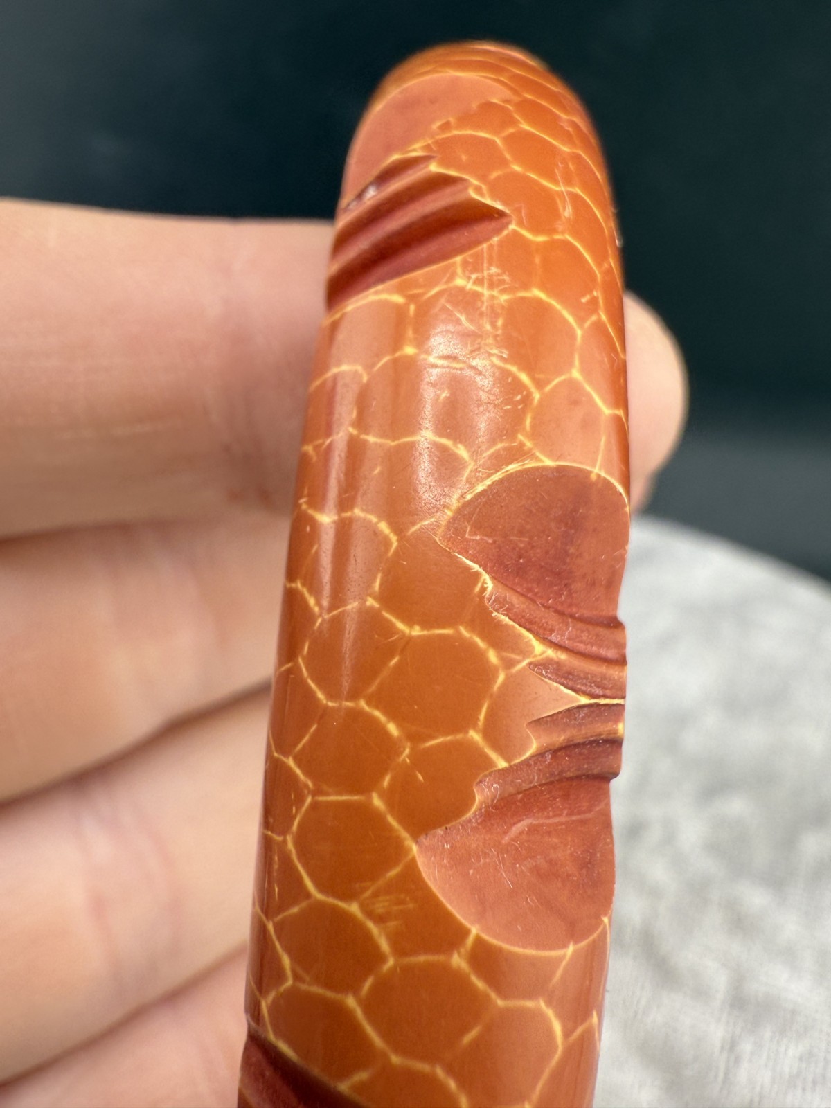 Vintage Bangle Bracelet Carved Orange Snakeskin Print 8″