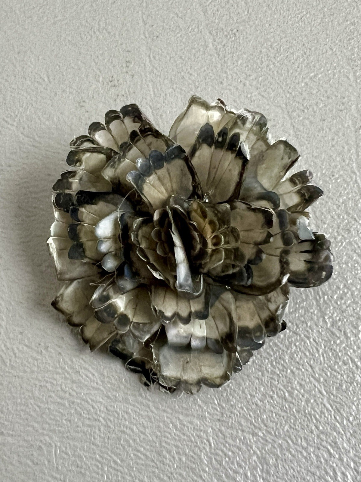 Vintage Carved Shell Flower Brooch Layered Gray White Chrysanthemum Pin 1.5″