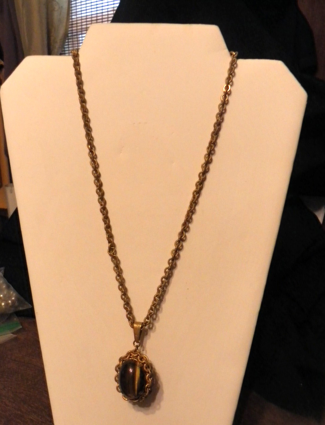 Vintage Miriam Haskell Necklace Gold Tone Chain with Tiger Eye Pendent 24″ Long