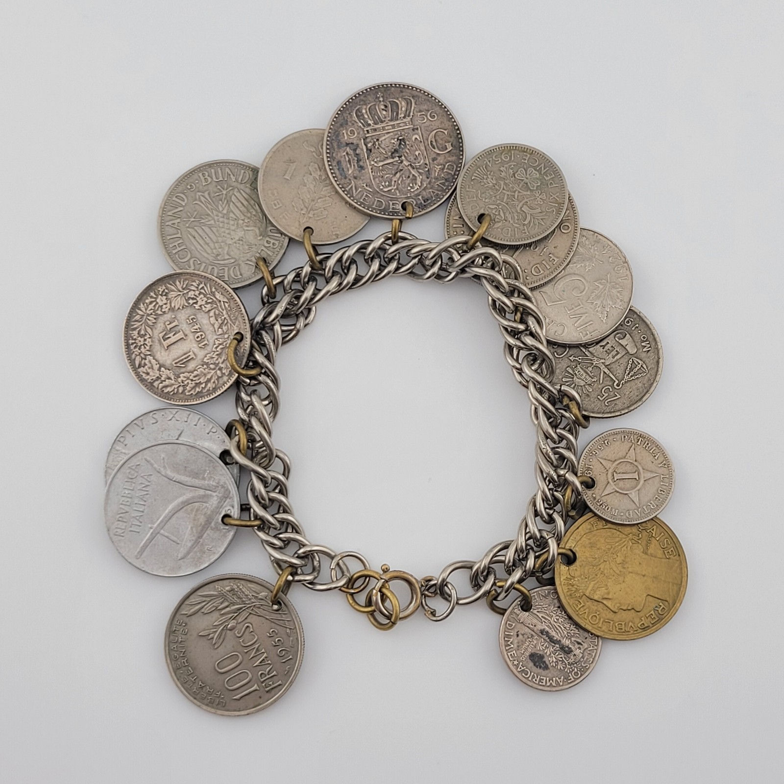Vintage Coins From Around the World Charm Bracelet Souvenir 1924 to 1956 7.5″