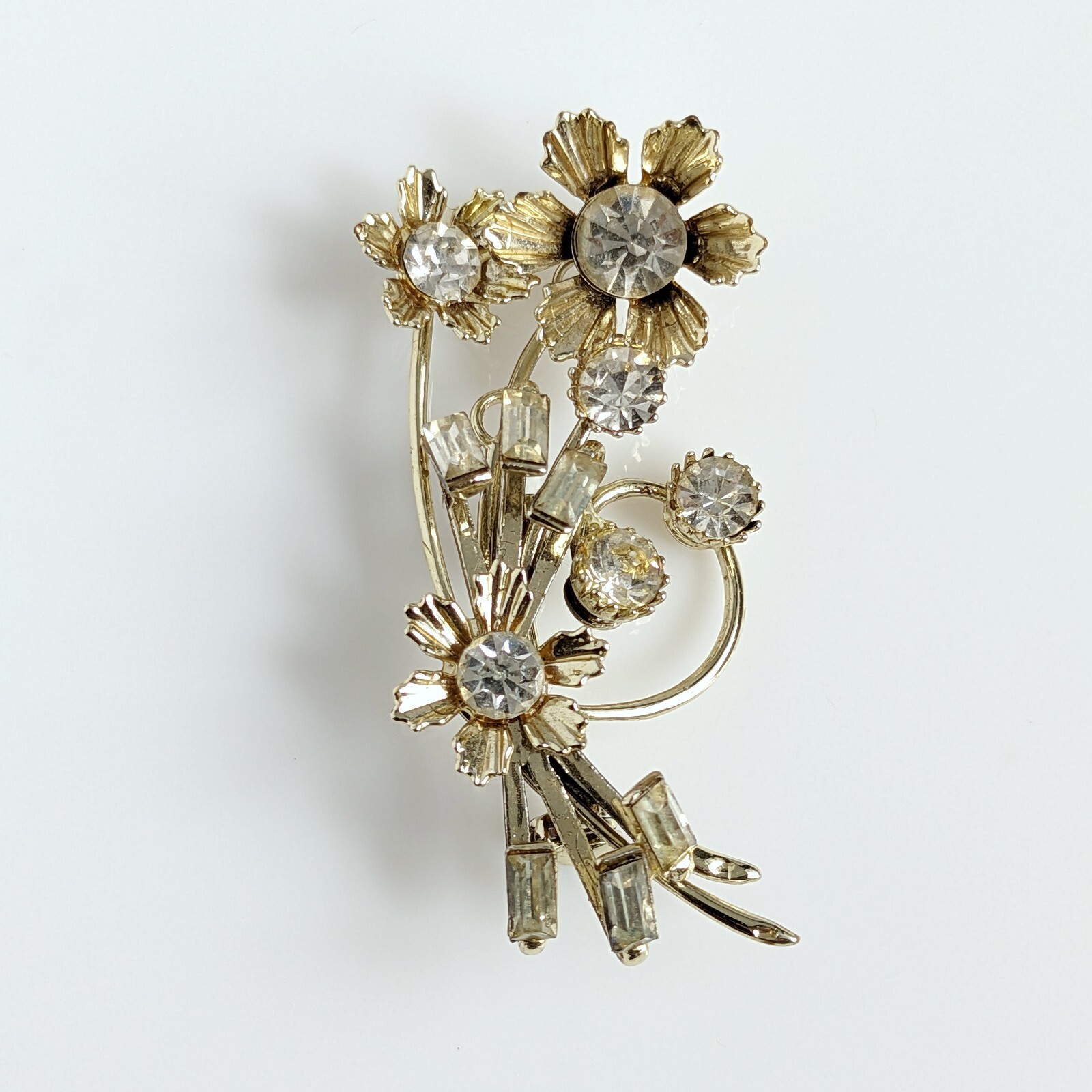 VTG Brooch Goldtone Rhinestones Flowers 1.8 Inches Tall .5 oz Very Good Cond.