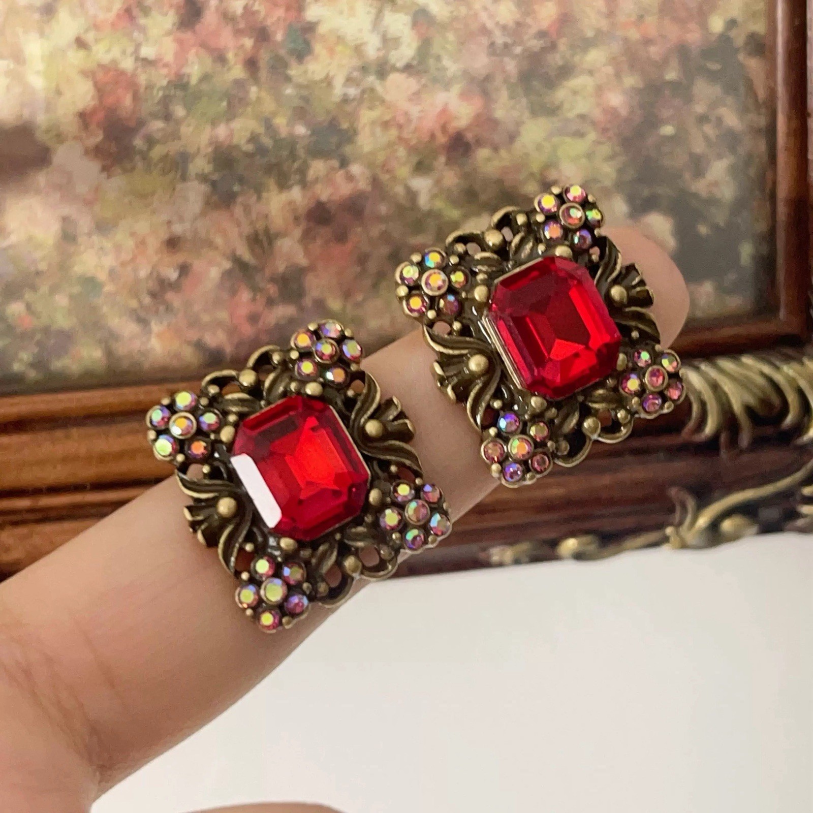 Vintage Red Crystal Square Earrings – Baroque Gold Rhinestone Studs Gift for her