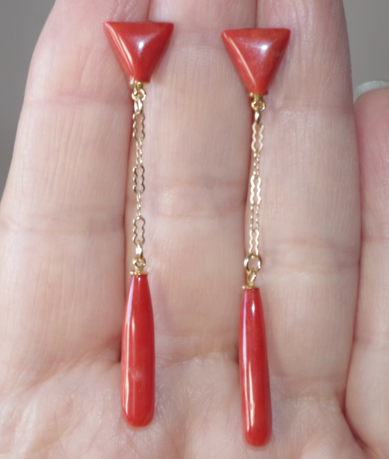 14K 52MM Ox Red Italian Triangular Stud Coral Teardrop Earrings Made to Order