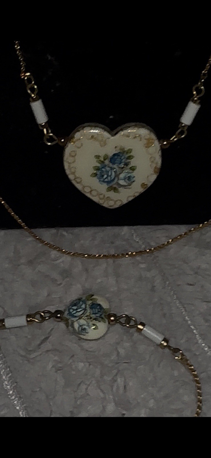 Vintage Japanese Tensha Blue Rose Porcelain Heart Necklace With Match Bracelet