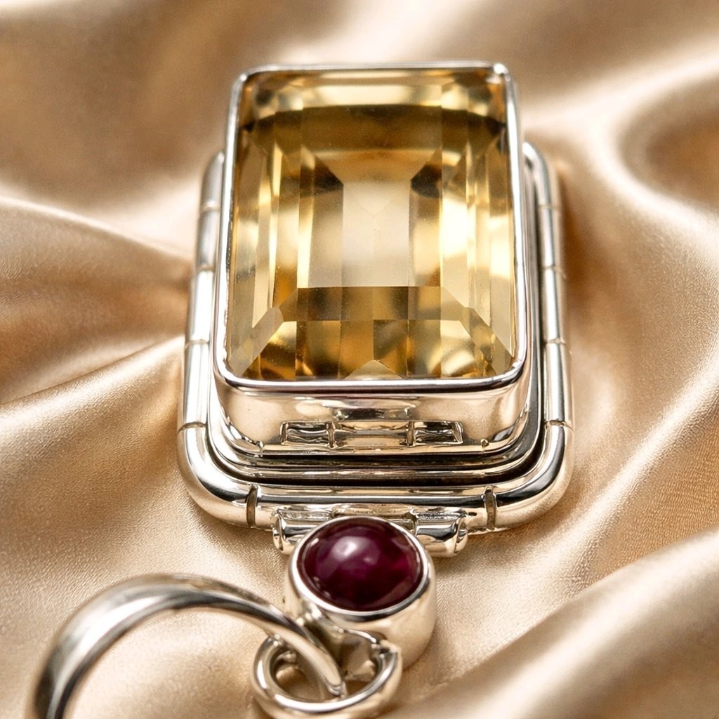 Citrine Pendant Sterling Silver Emerald Cut Garnet Necklace Gemstone Statement