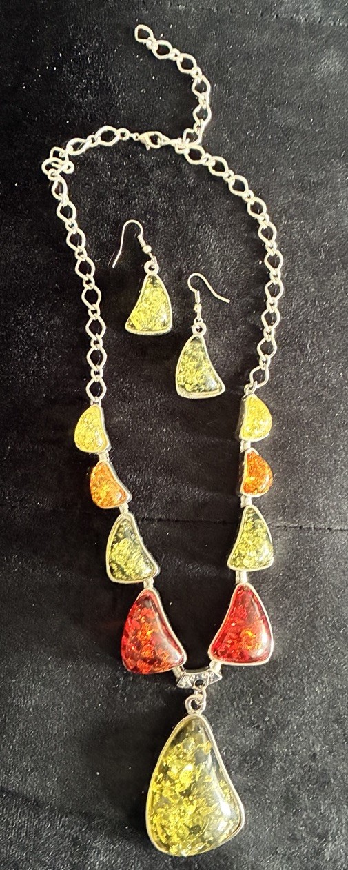 Vintage Necklace & Earrings FAUX Amber Multiple Colors With inclusions