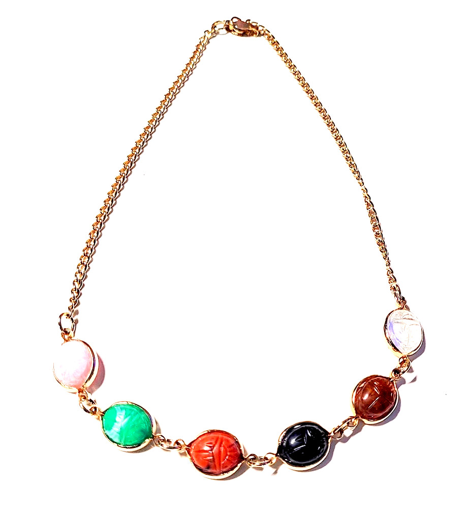 Vintage Gemstone Scarab Choker Necklace Gold Tone 14 1/4″ Long Very Good