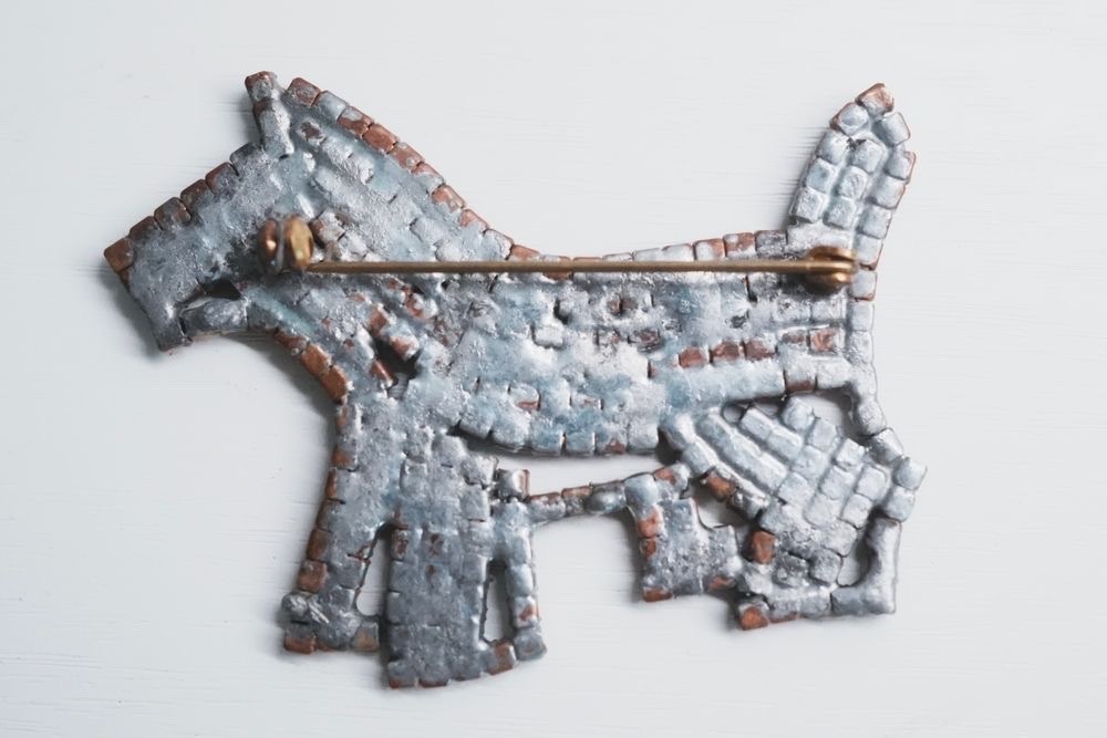 Vintage brooch Gablonz dog terrier rhinestone light blue 6 cm.
