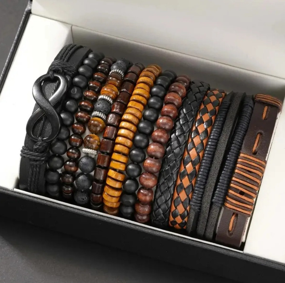 12 pcs Vintage Faux Leather Tiger’s Eye & Moonstone Bracelet Set