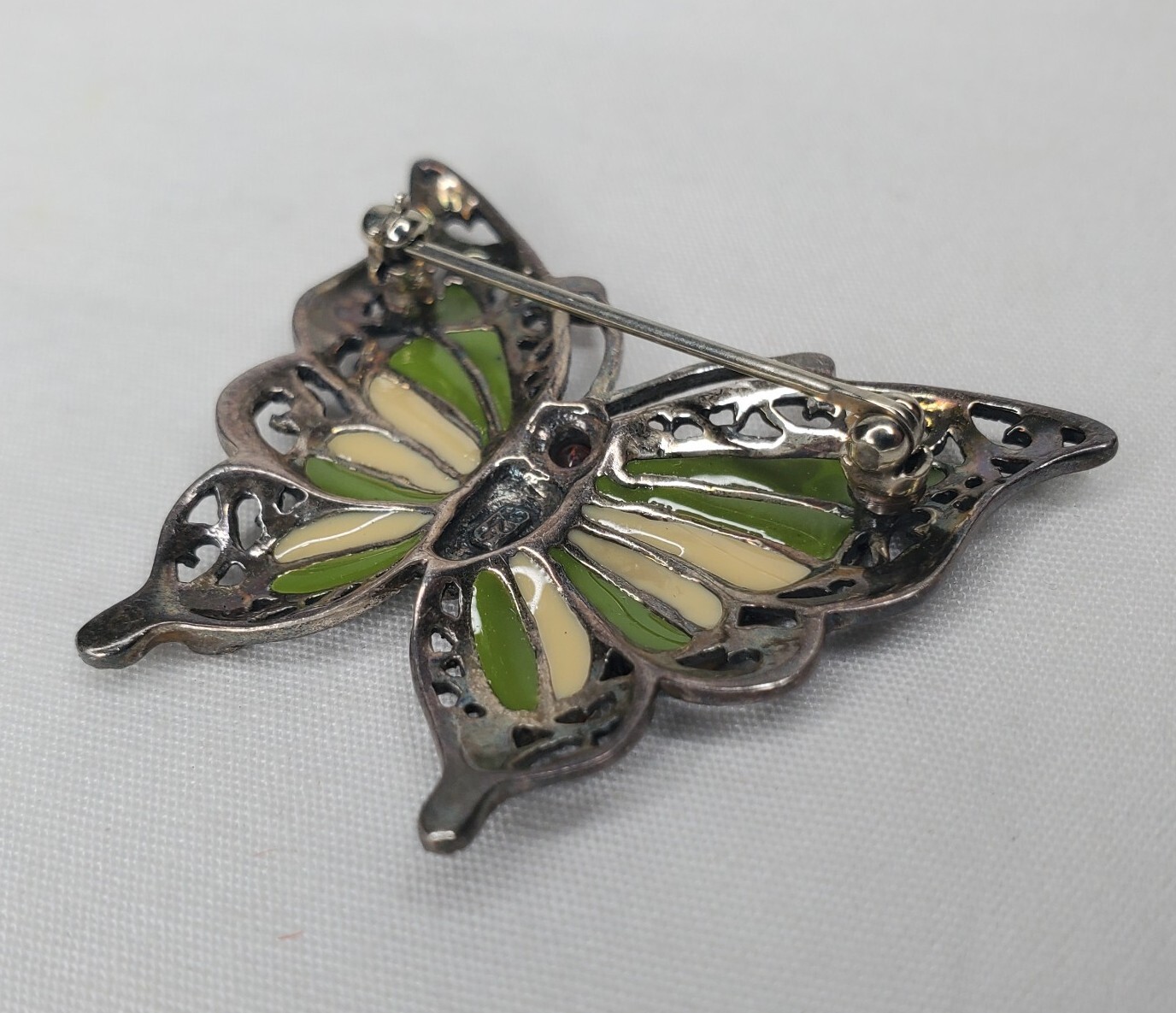 Vintage Sterling Silver Butterfly Brooch Green Yellow Enamel Wings Figural Pin
