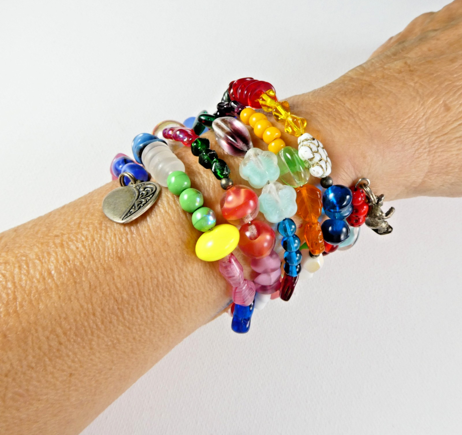 Vintage Fruit Salad Art Glass Coil Wrap Bracelet 2 Sterling Silver Charms HEART