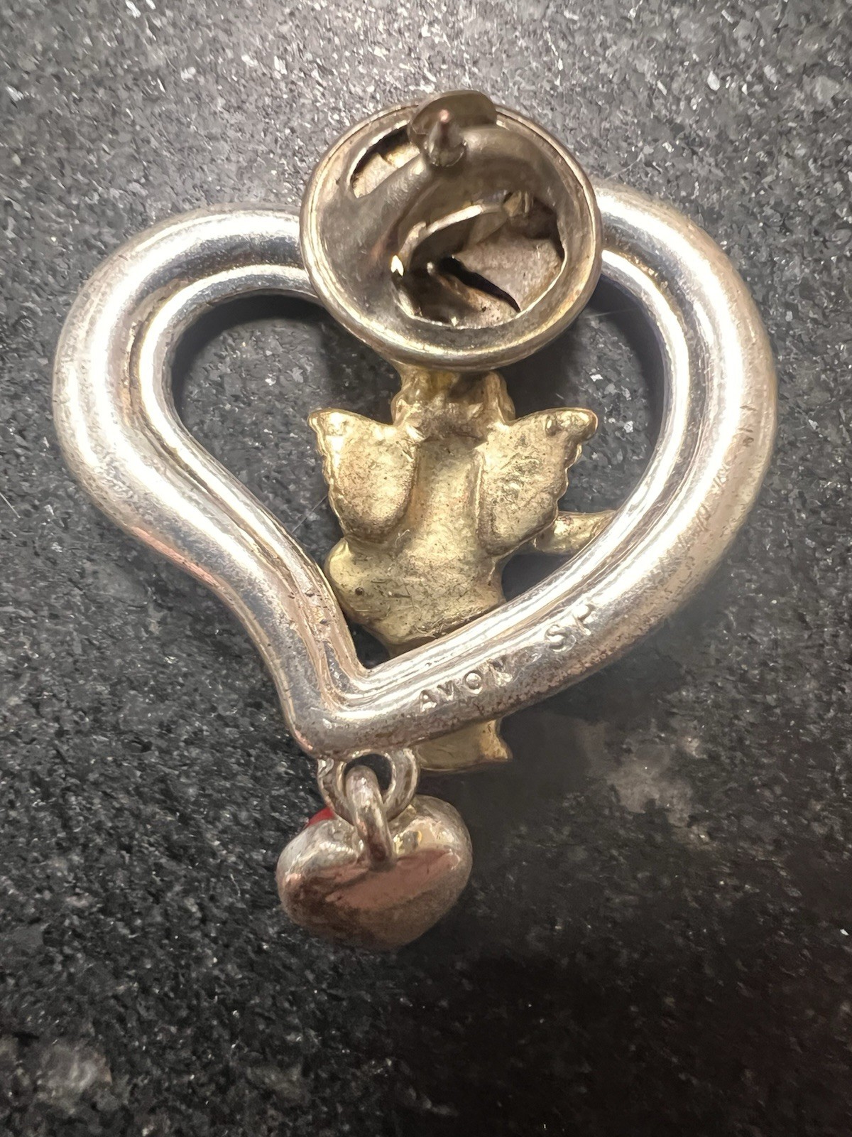 Vtg Avon Silver Plated Heart Cherub Red Dangle Heart Pin Brooch Valentines Day
